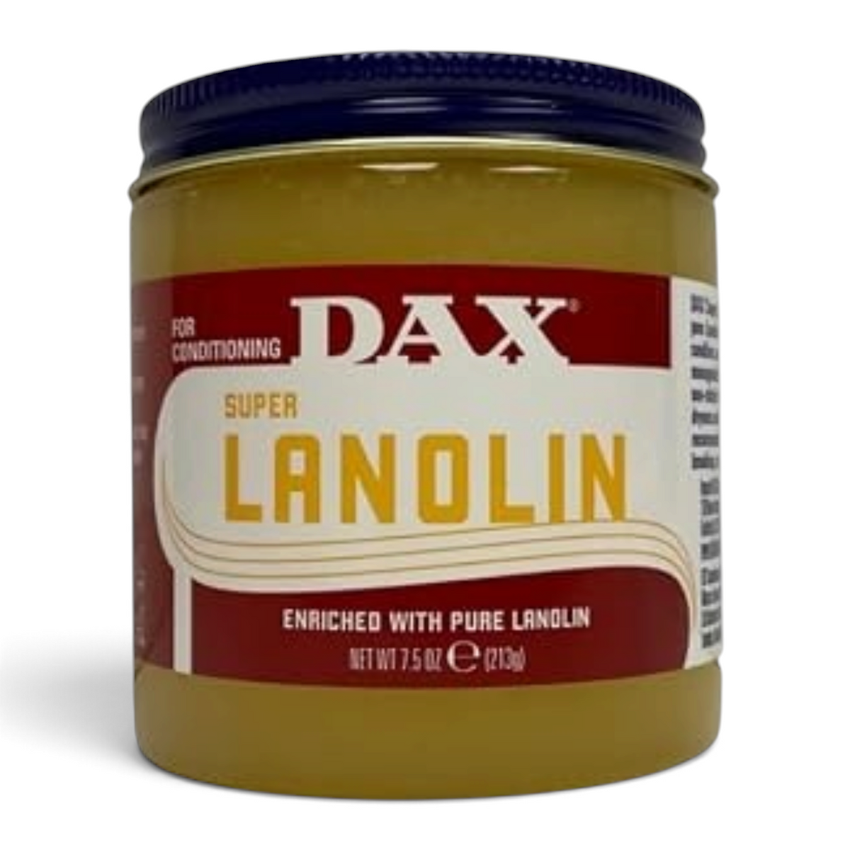 Said Salem DAX Super Lanolin hair conditioner in a 7.5 ounce jar with a dark blue lid and yellow and red label.