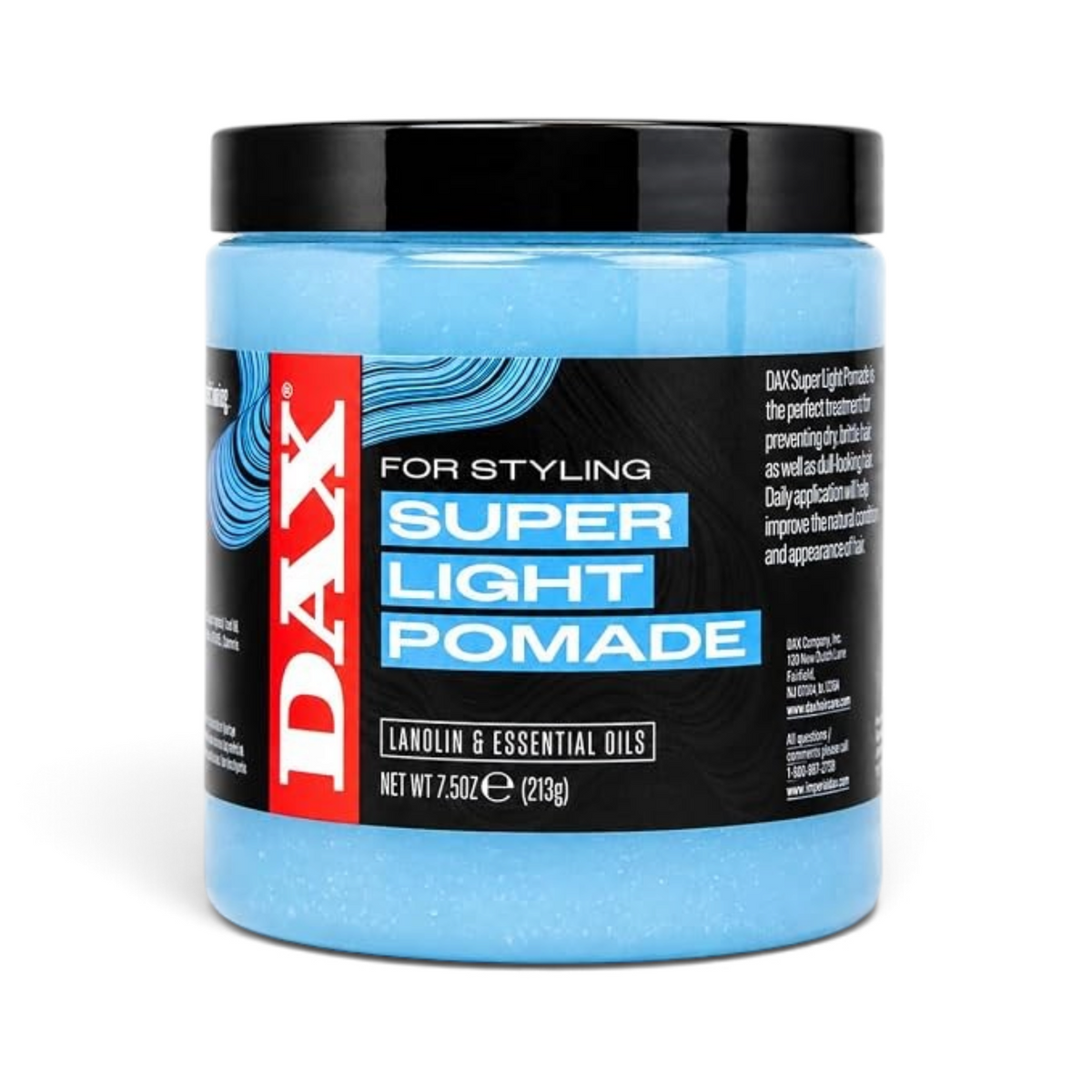 Said Salem DAX Super Light Pomade in a 7.5 oz blue jar for light hold, moisture, and shine.