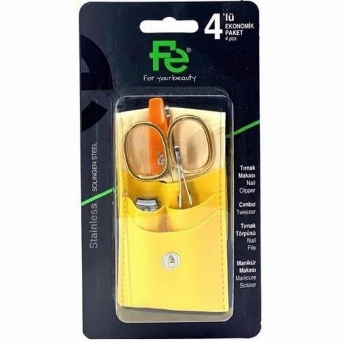 Said Salem FE 4-piece stainless steel nail care set in a yellow storage pouch with scissors, clippers, and tweezers.