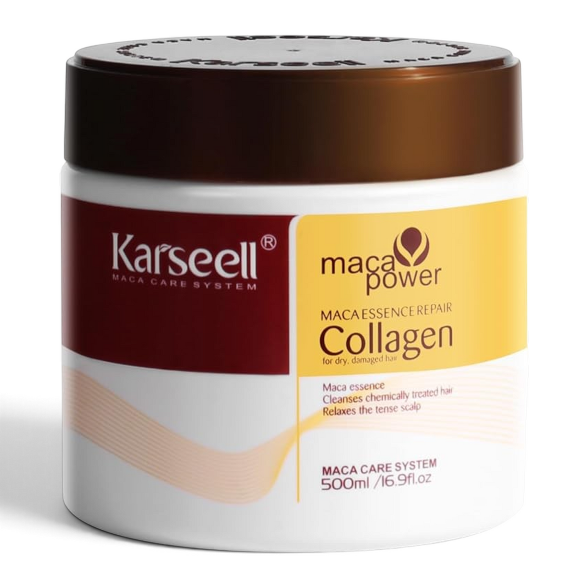 Said Salem Karseell Maca Essence Collagen hair treatment mask in a 500ml white jar with a brown lid.