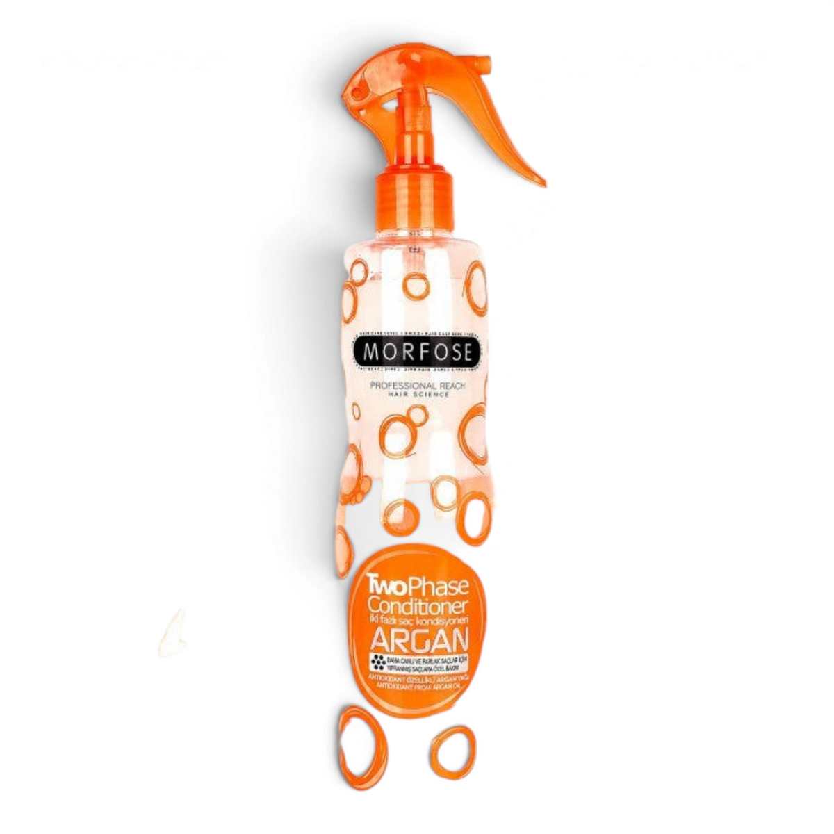 Said Salem Morfose 2 Phase Argan leave-in hair conditioner spray bottle with orange accents and product texture