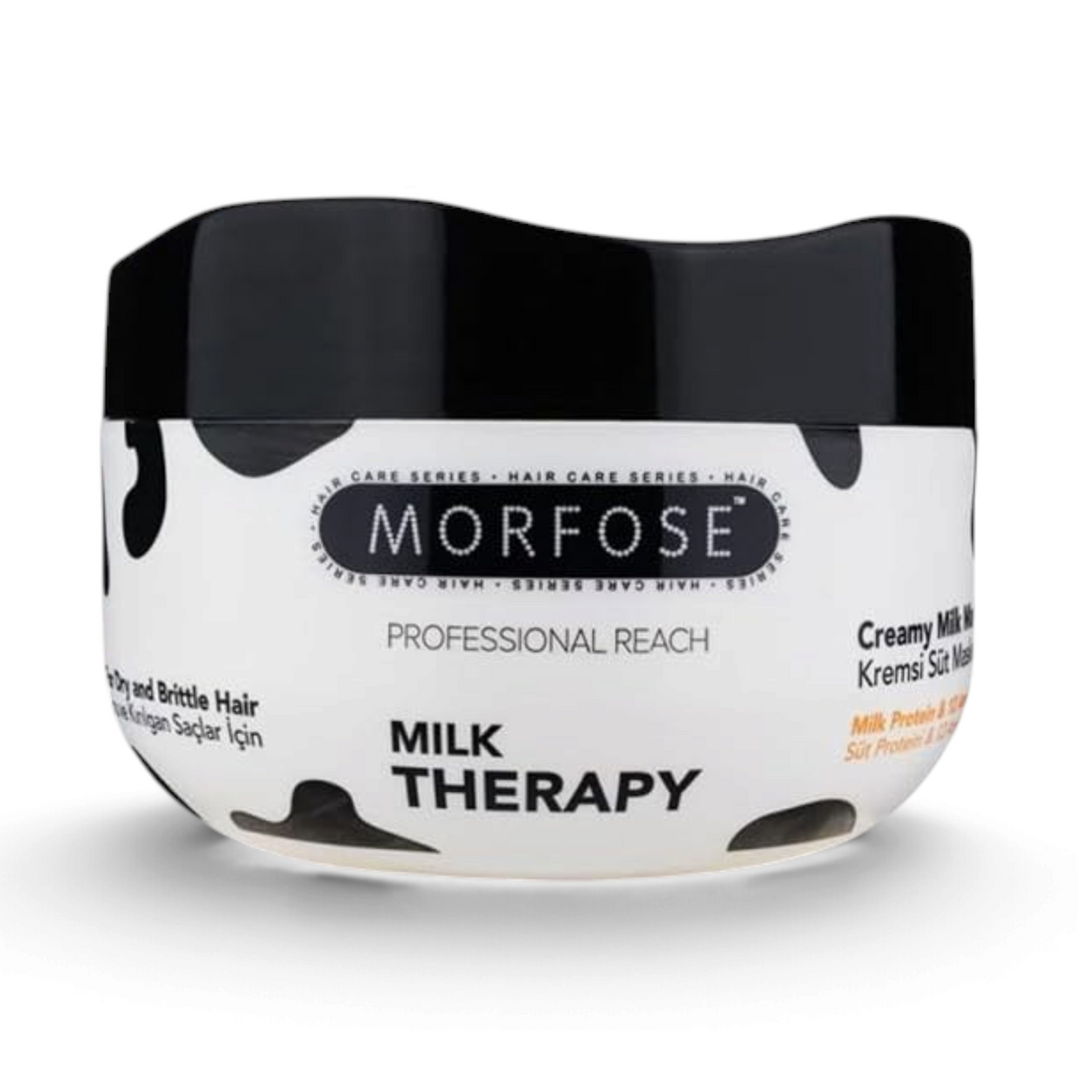 Said Salem Morfose Milk Therapy hair mask in a white and black cow-print jar with creamy treatment texture