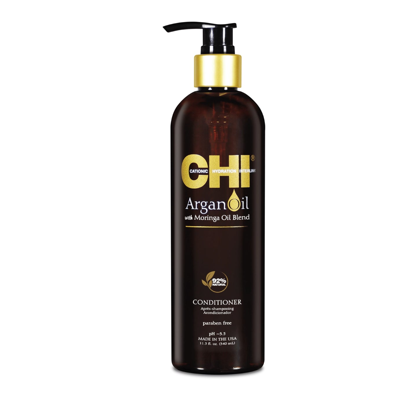 Said Salem CHI Argan Oil conditioner in a 12 oz brown pump bottle with moringa oil blend for hair hydration.