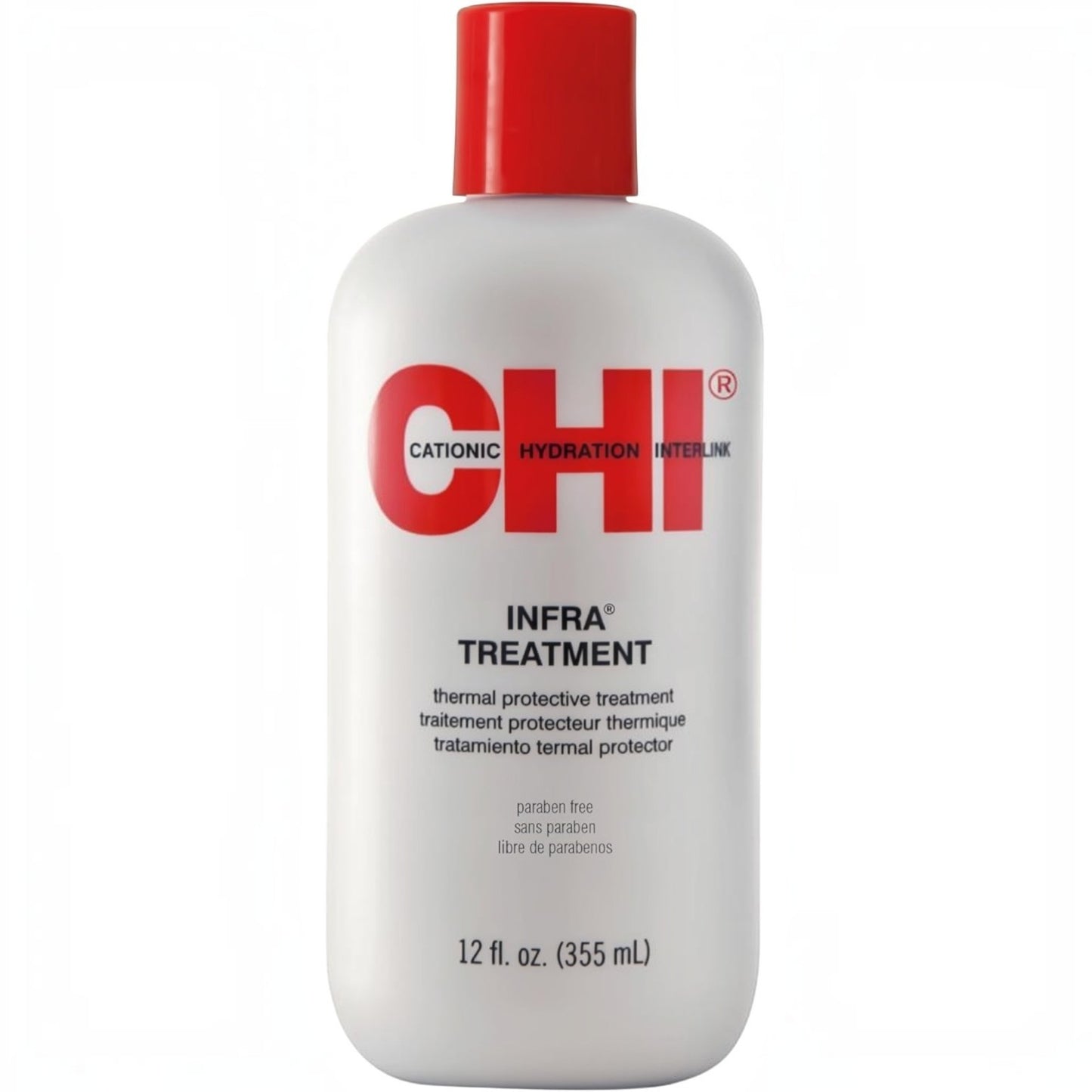 Said Salem CHI Infra Treatment 355ml thermal protective hair conditioner in a white bottle with a red cap.