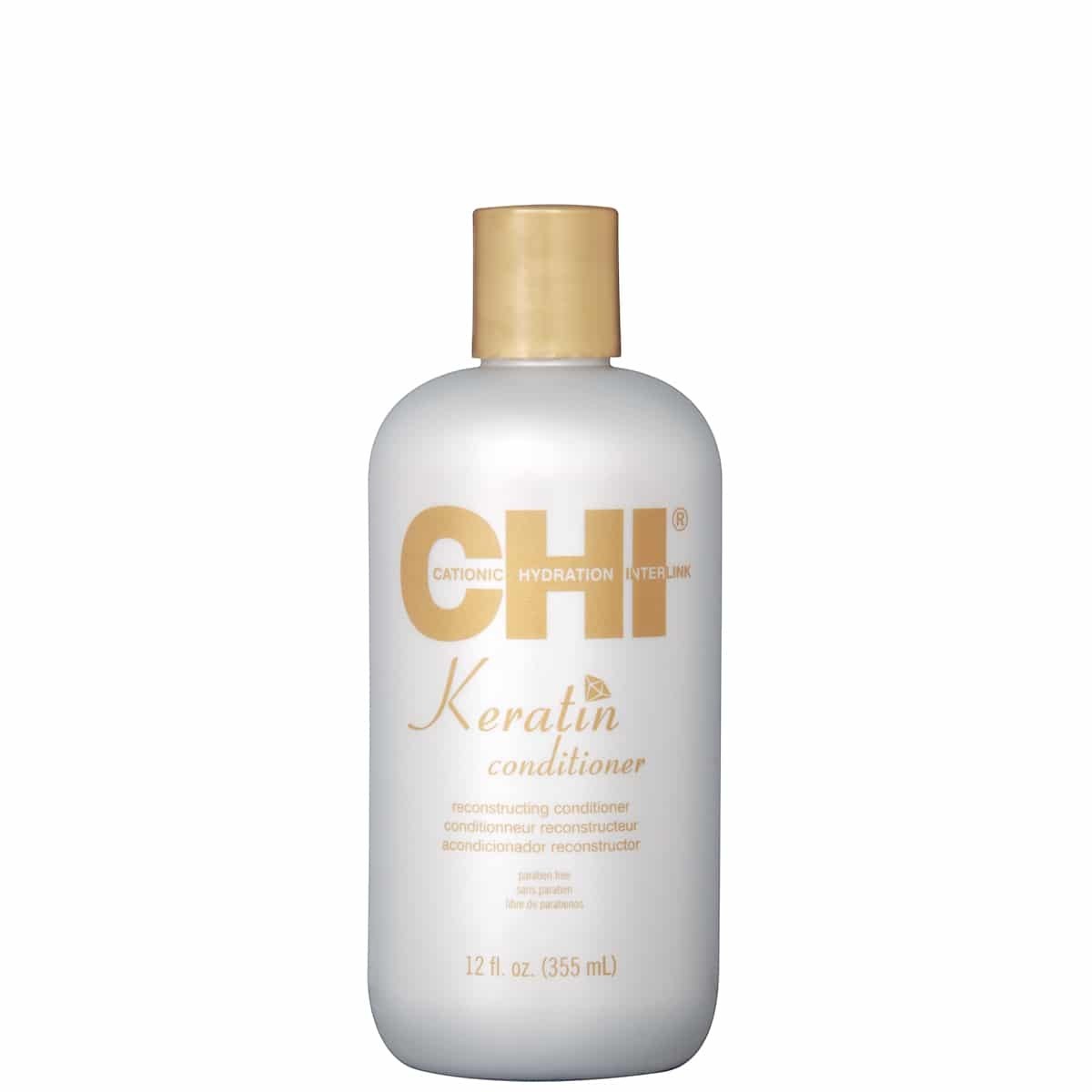Said Salem CHI Keratin reconstructing conditioner in a 355 ml white bottle with gold branding and cap.
