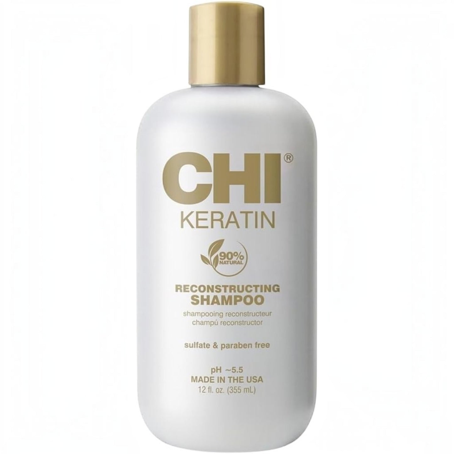 Said Salem CHI Keratin Reconstructing Shampoo 355ml bottle with gold cap and white label for hair repair.