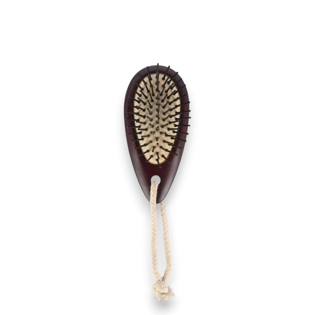 Said Salem Wessen dark brown wooden hair brush with metal pins and a hanging rope for daily detangling.