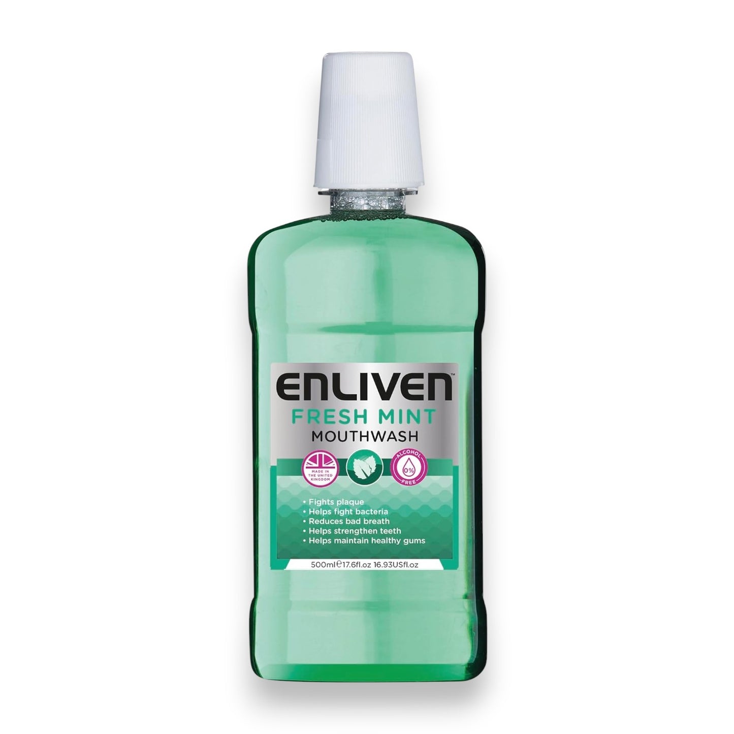 Said Salem Enliven Freshmint alcohol-free mouthwash in a 500ml green plastic bottle for daily oral hygiene