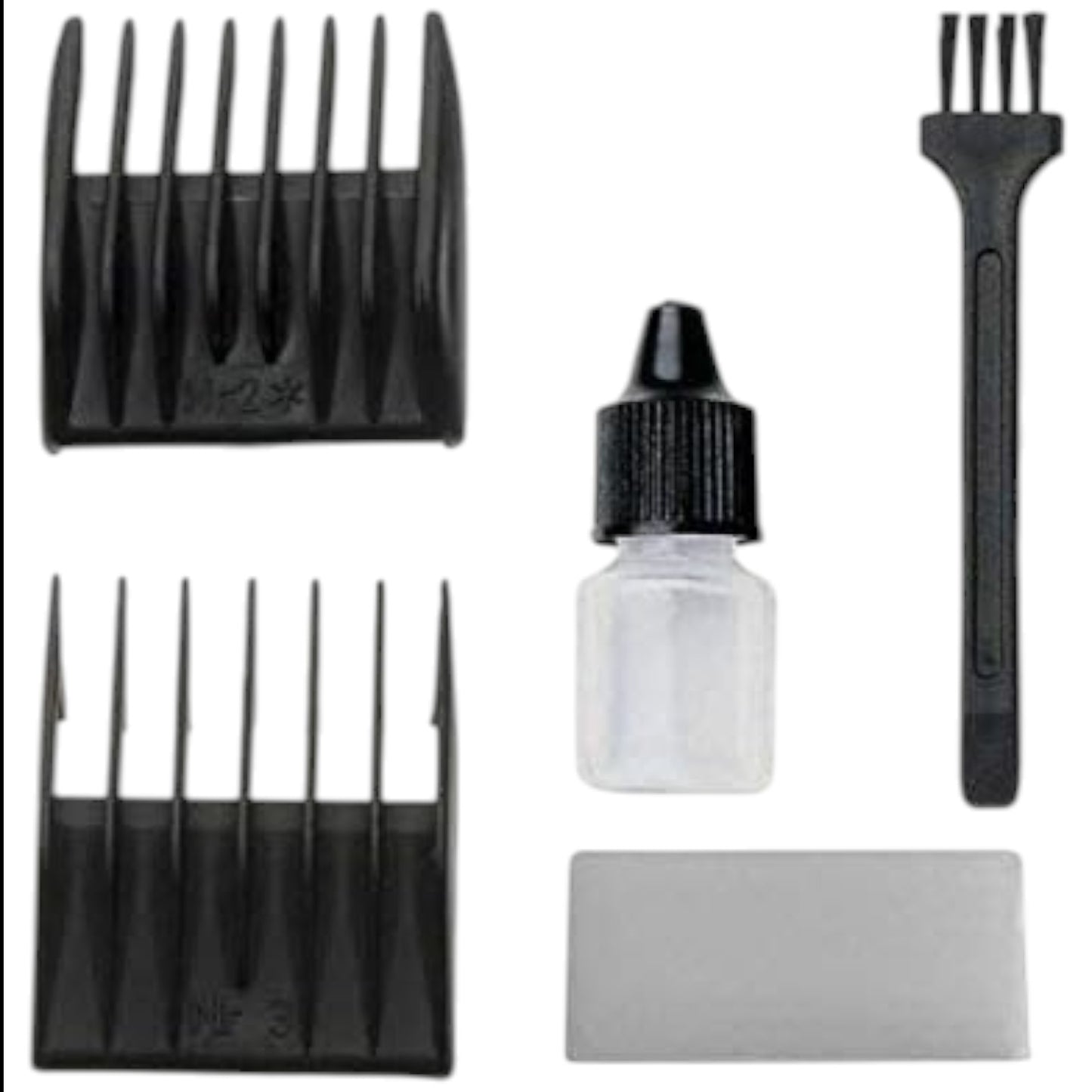 Said Salem Moser Primat hair clipper maintenance kit with two black attachment combs, blade oil, and cleaning brush.