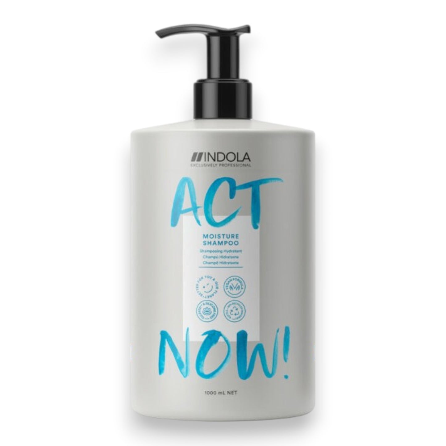 Said Salem Indola Act Now Moisture Shampoo in a 1000ml bottle with a pump, featuring aloe vera for dry hair.