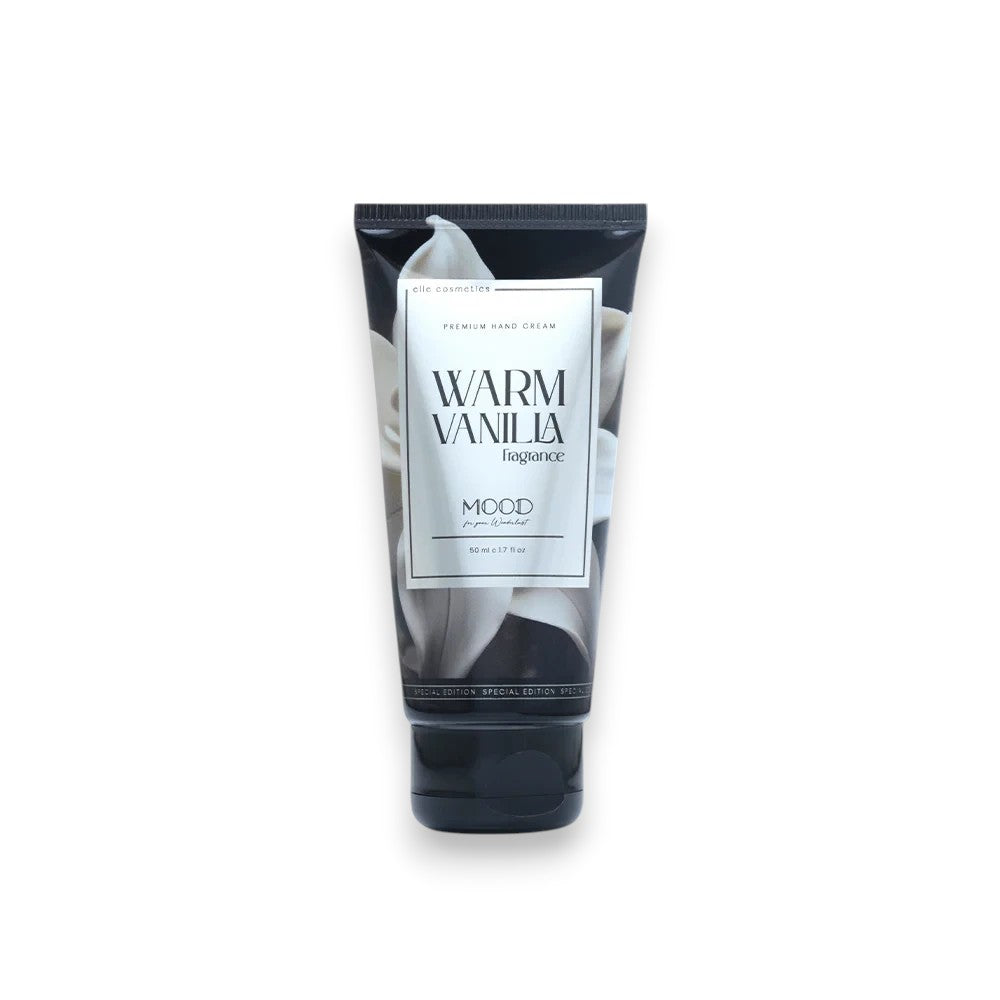 Said Salem MOOD Warm Vanilla hand cream in a 50g black squeeze tube with elegant white floral packaging design.