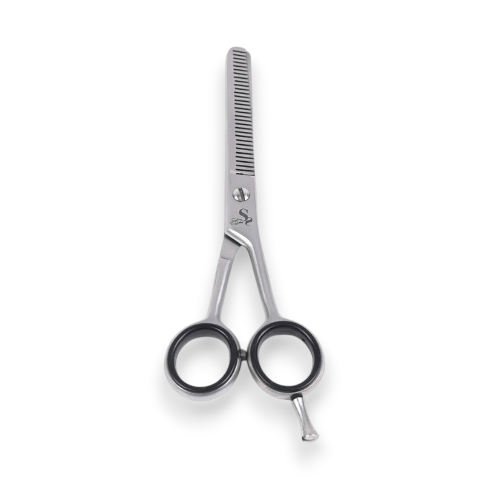 Said Salem 6-inch professional hair thinning scissors with silver stainless steel finish and black finger inserts.