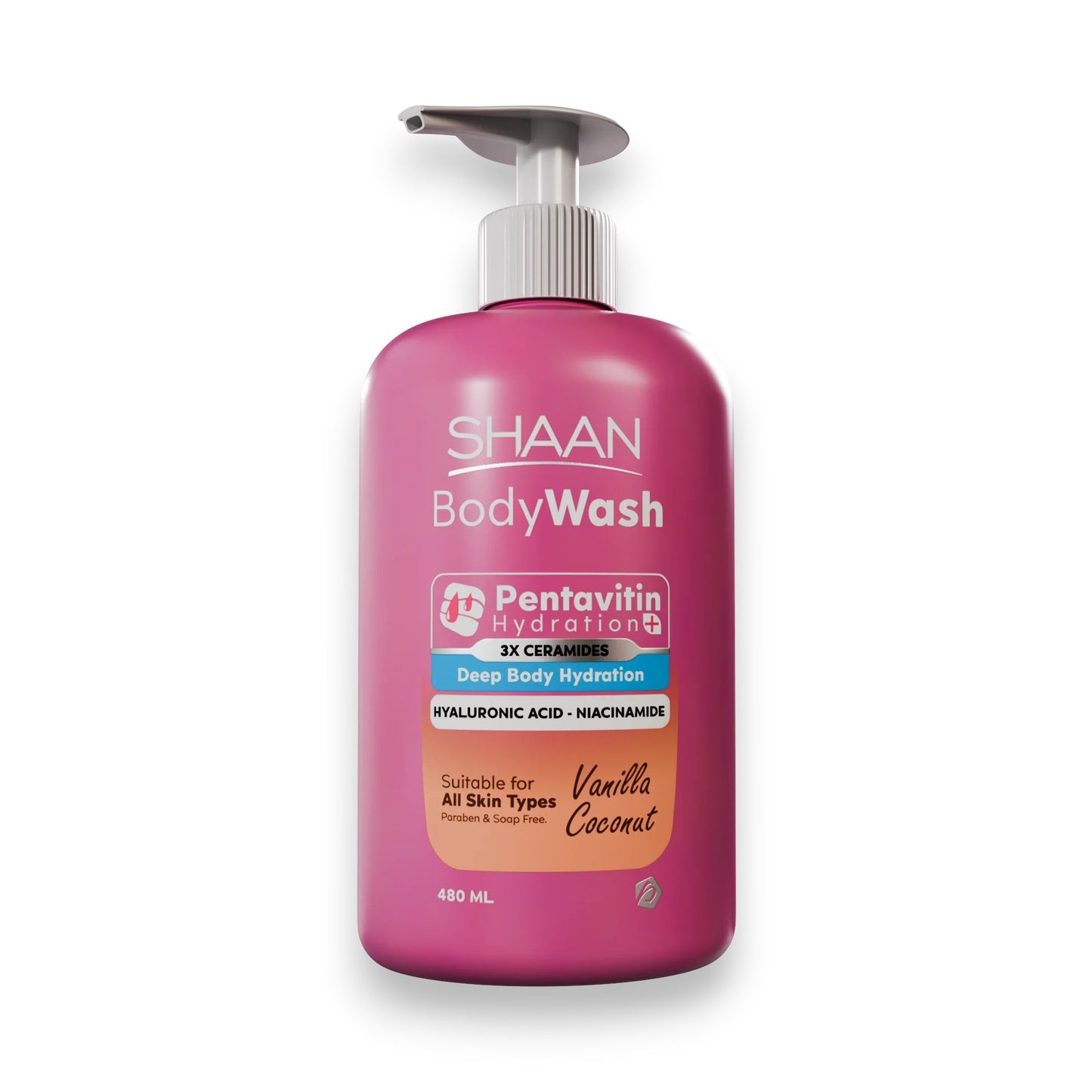 Said Salem SHAAN vanilla coconut hydrating body wash in a pink 480ml pump bottle for all skin types.