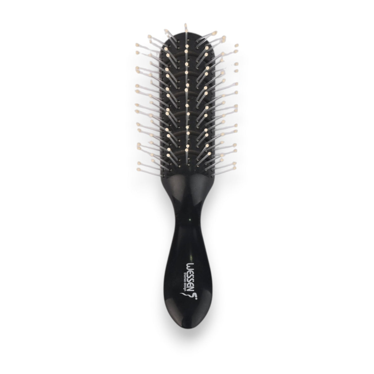 Said Salem Wessen small black round hairbrush with precision-spaced bristles for detangling and styling hair