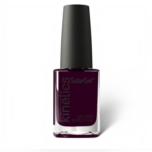 Said Salem KINETICS SolarGel No. 377 deep plum nail polish in a glass bottle with a matte black cap.