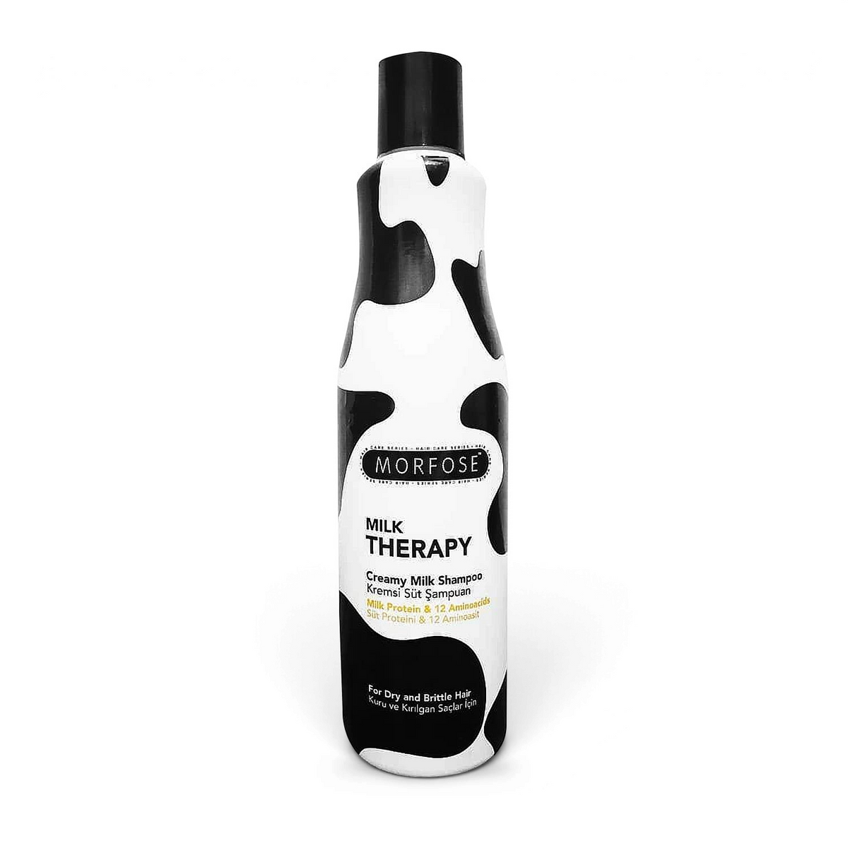 Said Salem Morfose Milk Therapy creamy shampoo bottle with black and white cow print design for dry and brittle hair