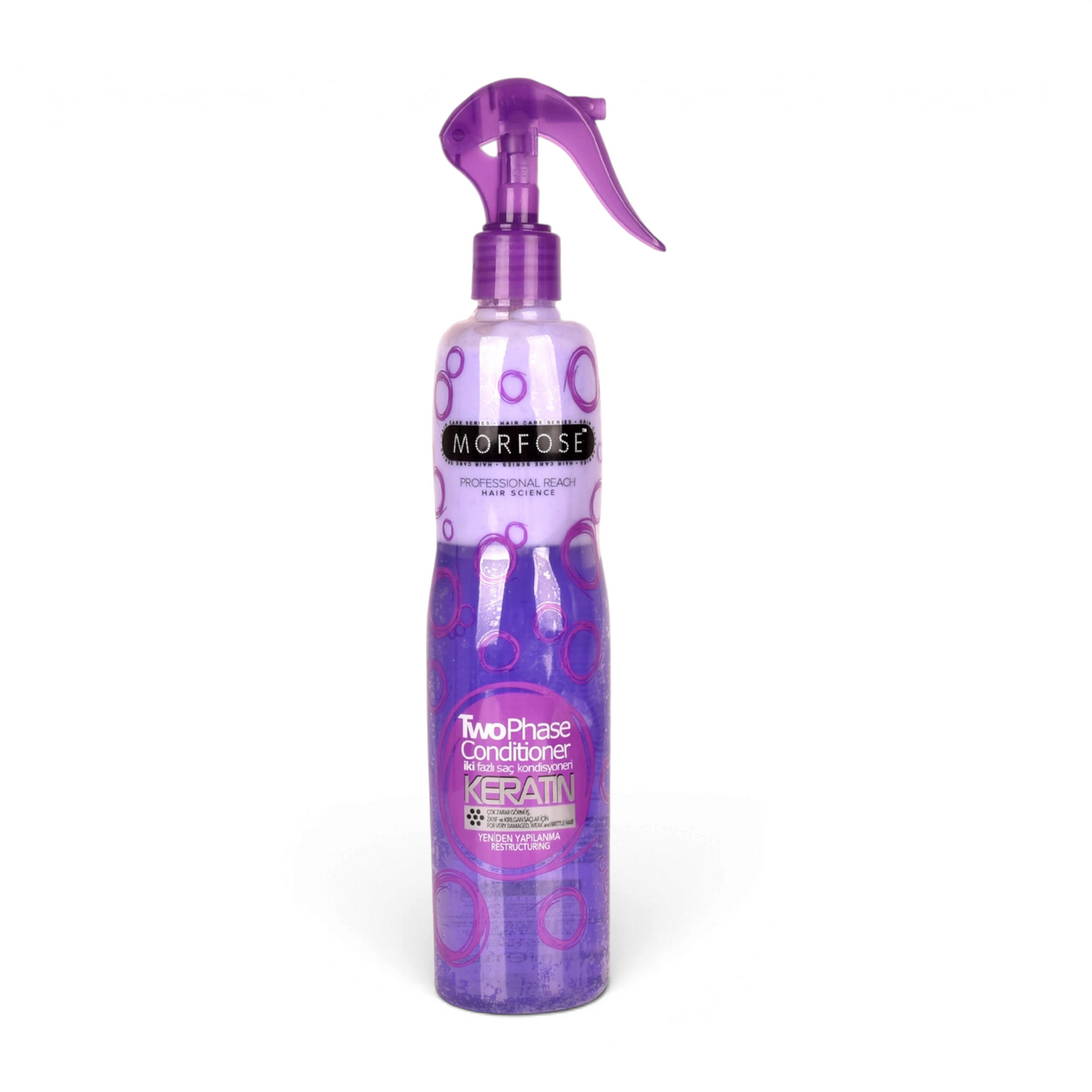 Said Salem Morfose 2 Phase Keratin leave-in hair conditioner spray in a 400ml purple bottle for damaged hair.