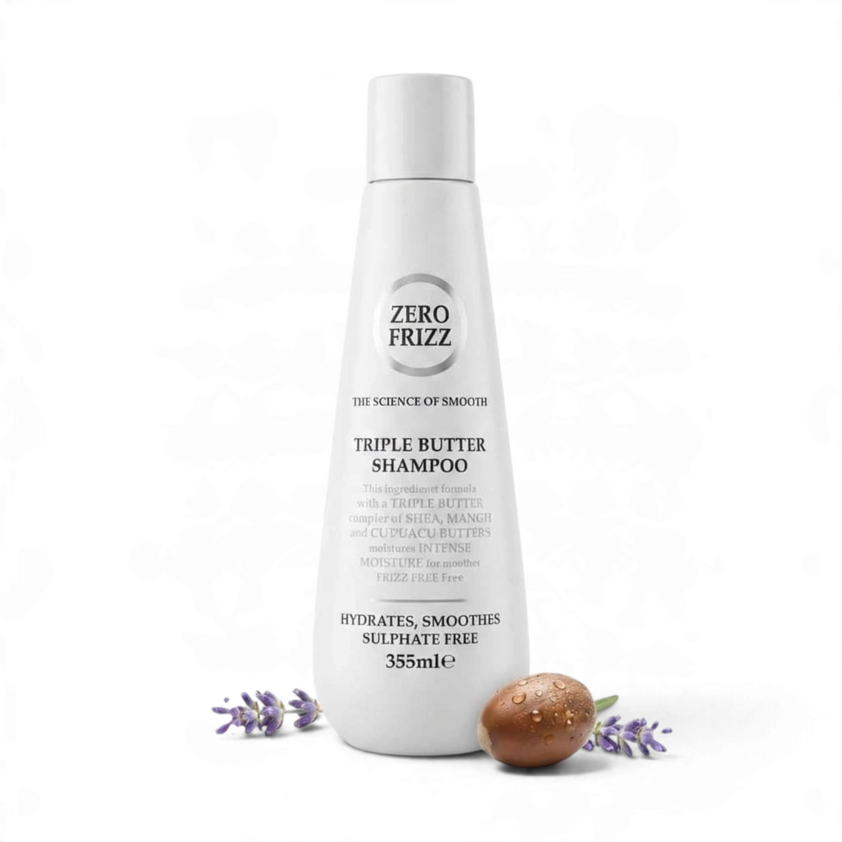 Said Salem Zero Frizz Triple Butter Shampoo bottle with shea nut and lavender sprigs on a white background