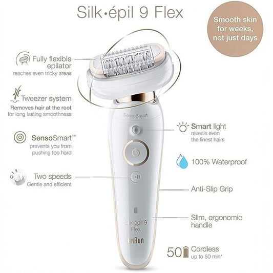 Braun Silk-épil 9 Flex Women's Electric Epilator with 360° Flexible Head for Simple Hair Removal, Wet & Dry, Long Smooth Skin 9-060 3D, White/Pink