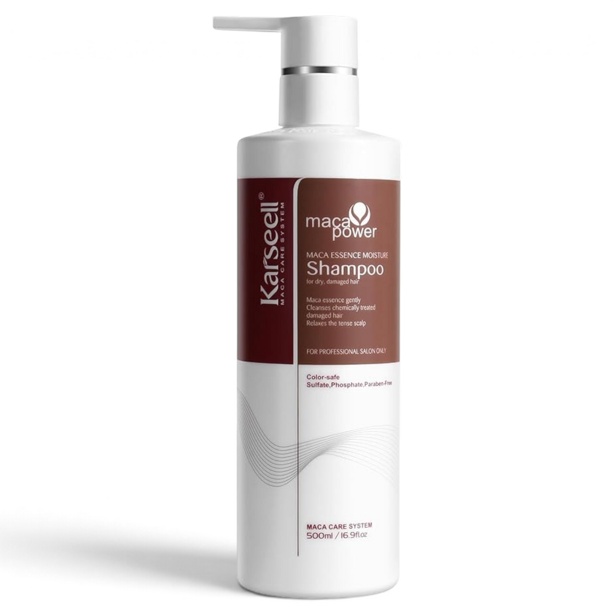 Said Salem Karseell Maca Essence Moisture Shampoo 500ml bottle for dry and damaged hair with a pump dispenser
