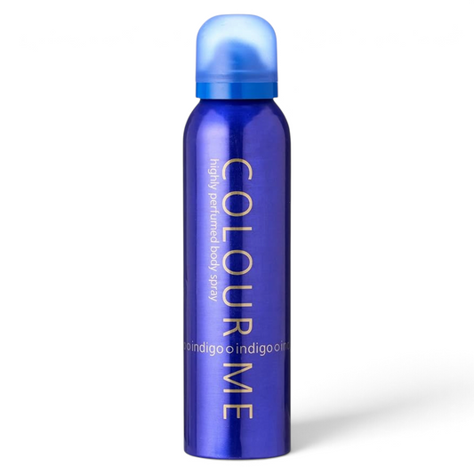 Said Salem Colour Me Indigo body spray for women in a vibrant 150ml blue canister with gold lettering