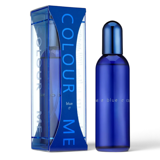 Said Salem Colour Me Blue 90ml perfume bottle in deep blue glass with matching blue rectangular display box.