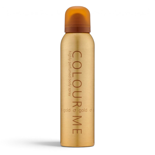 Said Salem Colour Me Gold for men body spray in a metallic gold 150ml aerosol canister with a brown cap
