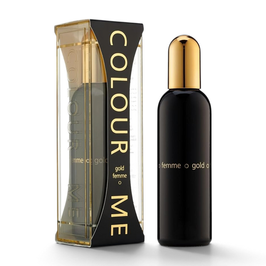 Said Salem Colour Me Gold for Women Eau de Parfum in a sleek black bottle with gold accents and matching display box