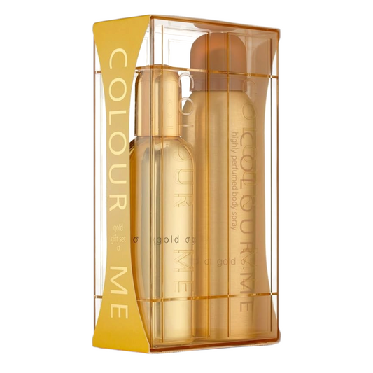 Said Salem ColourMe Gold gift set featuring a 100ml perfume bottle and 150ml body spray in metallic gold packaging.