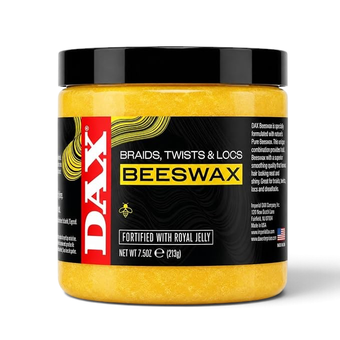 Said Salem DAX Beeswax with Royal Jelly in a 7.5 oz jar for styling braids, twists, and locs with a firm hold.