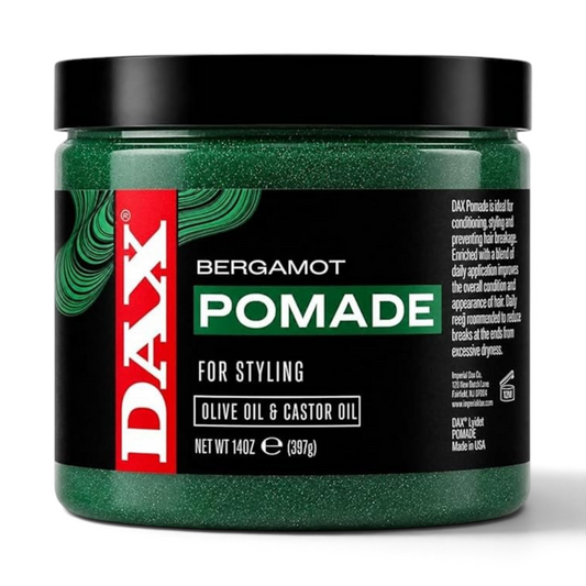 Said Salem DAX Bergamot Pomade in a 14 oz green jar for hair styling, conditioning, and moisture.