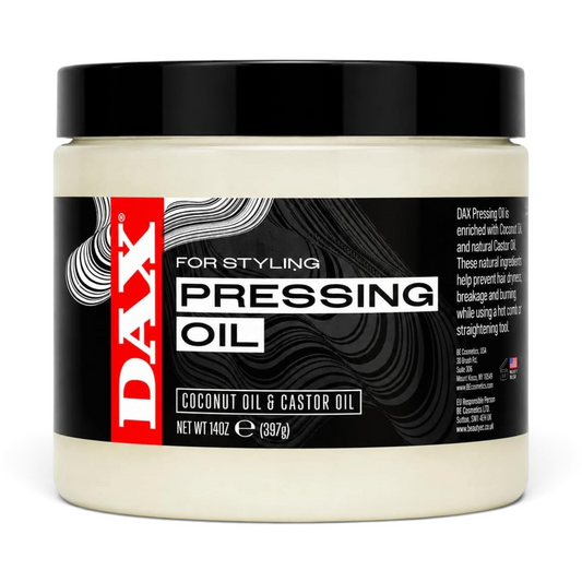 Said Salem DAX Pressing Oil in a 397g jar with coconut and castor oil for heat protection and hair styling.