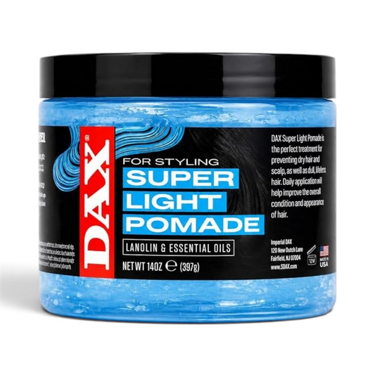 Said Salem DAX Super Light Pomade in a 14 oz jar with blue gel formula for light hold and natural shine