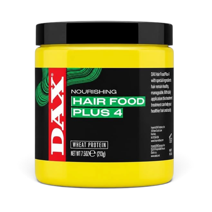 Said Salem Dax Hair Food Plus 4 nourishing treatment in a 7.5 ounce yellow jar with wheat protein