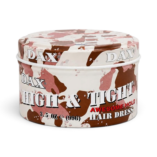 Said Salem Dax High And Tight hair dress in a 99g tin with a brown and white camouflage pattern