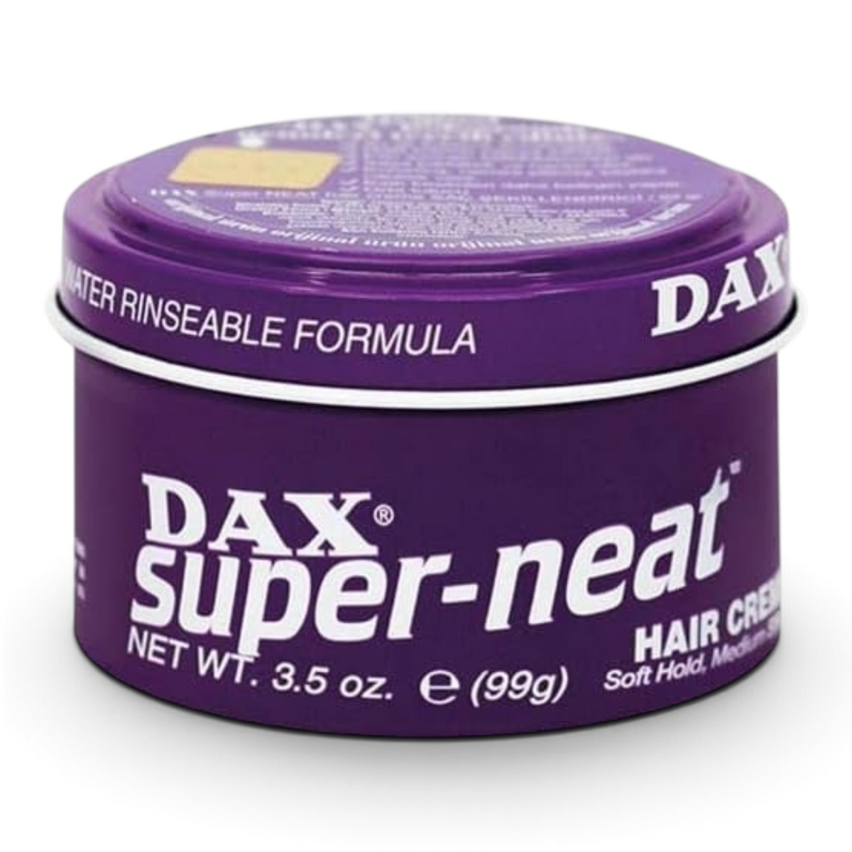 Said Salem Dax Super Neat hair cream in a purple 99g tin with a water-rinseable formula for soft hold and medium shine