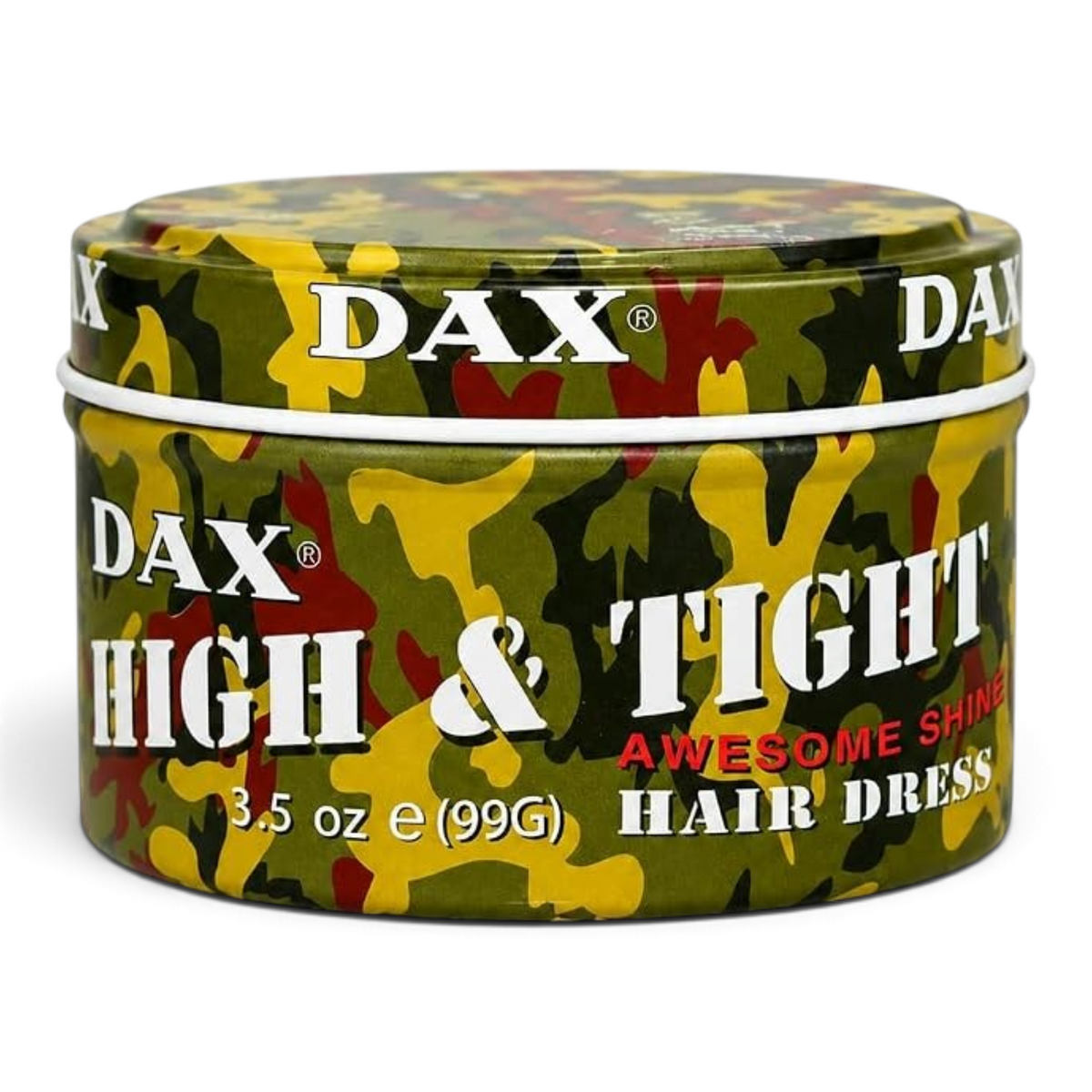 Said Salem Dax High and Tight Awesome Shine hair dress in a 3.5 ounce camouflage patterned metal tin