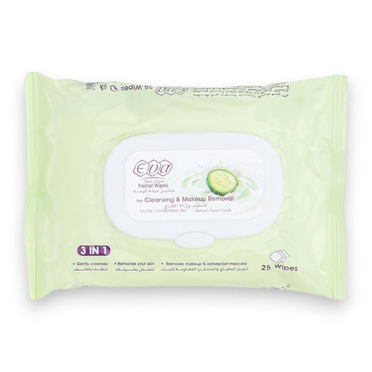 Eva Skin Care Facial Wipes For Cleansing & Makeup Removal For Oily / Combination Skin ( 25 Wipes)