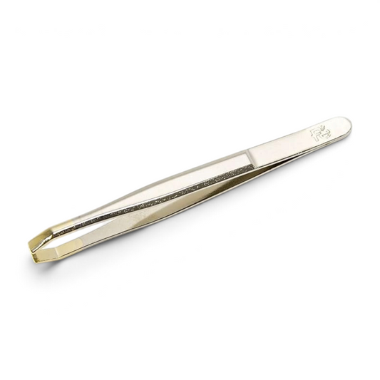 Said Salem FE Design golden plated stainless steel slanted tip tweezers for precision eyebrow grooming.