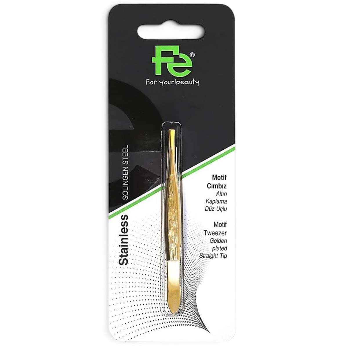 Said Salem FE Motif golden plated stainless steel straight tip tweezer in retail packaging for precise hair removal