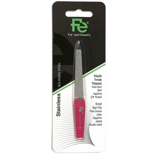 Said Salem FE small stainless steel nail file with a pink handle and dual-sided sapphire-plated surface in packaging