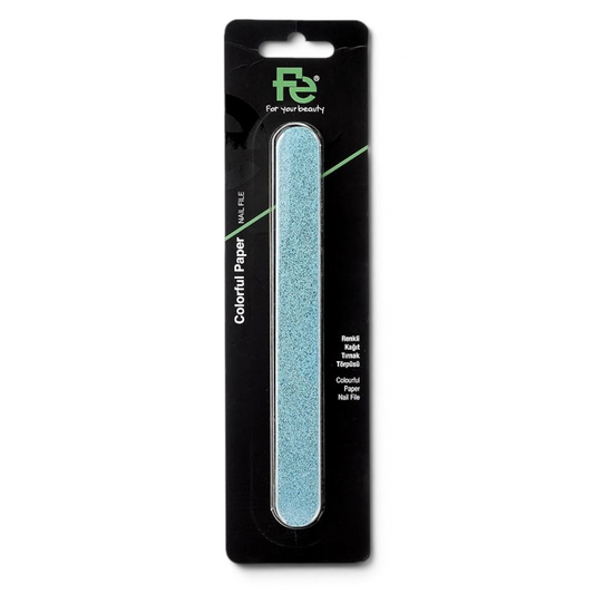 Said Salem FE colorful paper nail file in light blue with a textured abrasive surface for professional nail shaping.