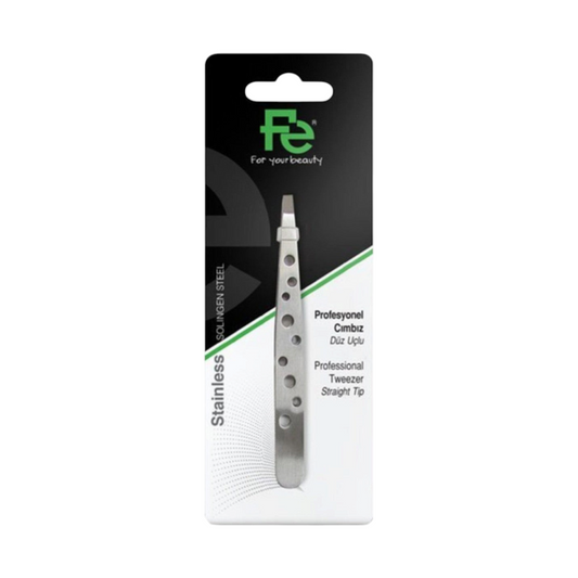 Said Salem FE professional stainless steel straight-tip tweezers with ergonomic perforated handle in retail packaging
