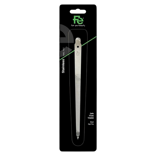 Said Salem FE stainless steel nail file in black retail packaging with textured filing surface and pointed tip