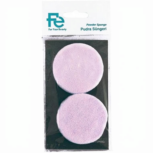 Said Salem Fe Powder Sponge set featuring two round, soft, light purple velvet makeup sponges in retail packaging.