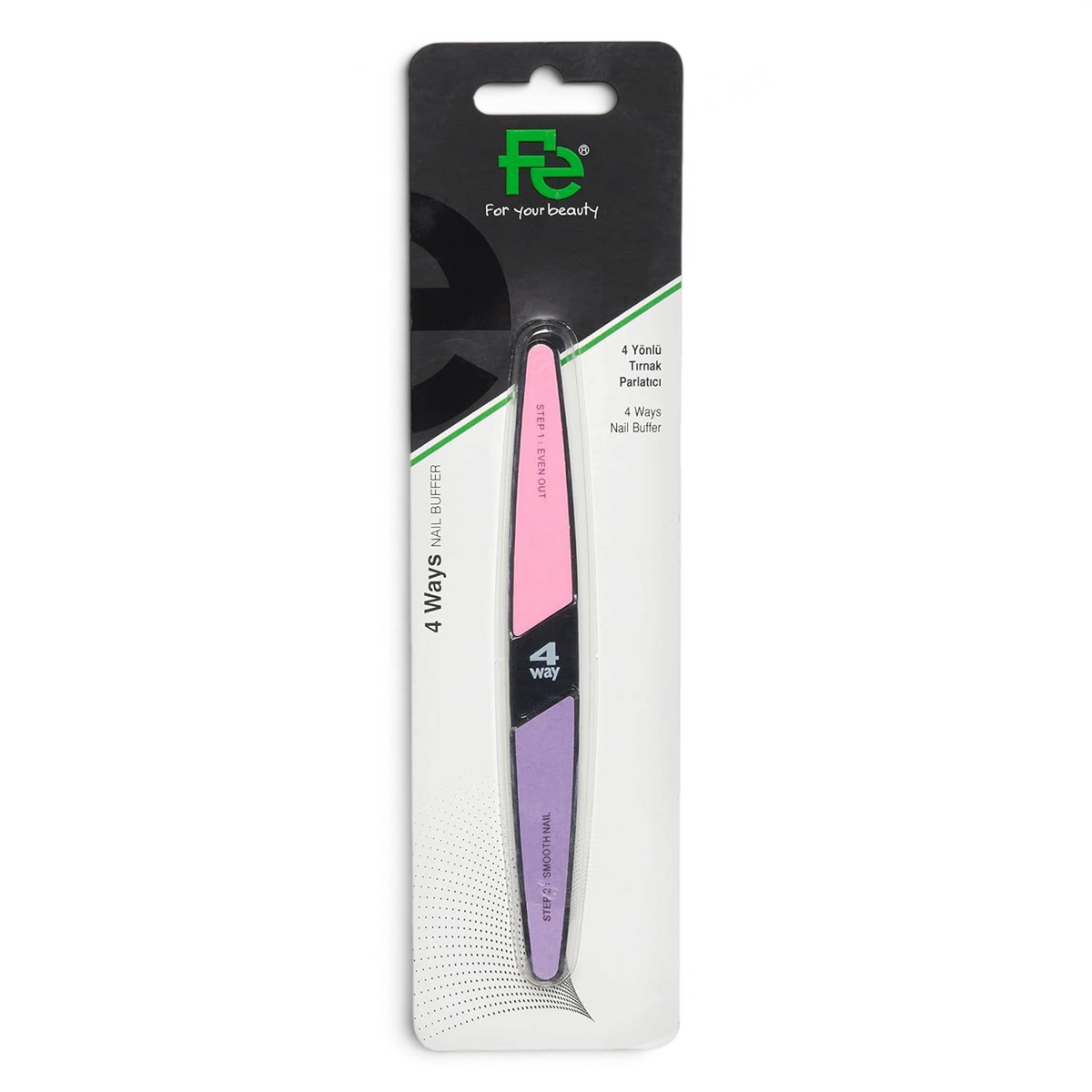 Said Salem Fe 4-way nail buffer tool with pink and purple abrasive surfaces for smoothing and shining nails