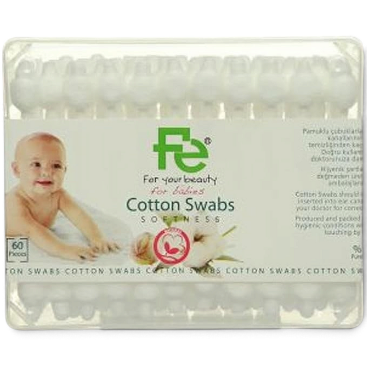 Said Salem Fe Cotton Ear Swabs for babies in a 60-piece clear plastic pack with soft white cotton tips