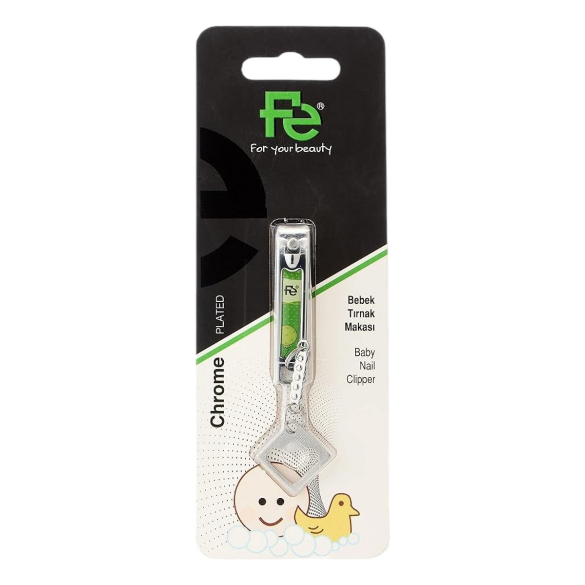 Said Salem Fe baby nail clipper in chrome-plated finish with a green accent on a retail blister card
