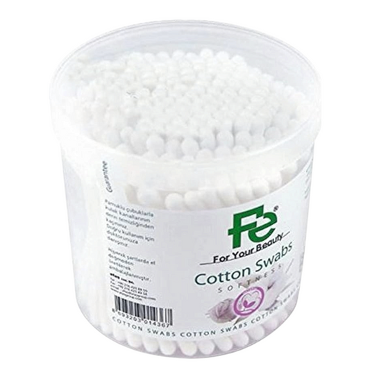 Said Salem Fe Cotton Ear Swabs in a 200-count clear plastic container with white soft cotton tips