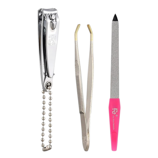 Said Salem Fe Economic 3-piece grooming set with stainless steel nail clipper, precision tweezers, and pink nail file.